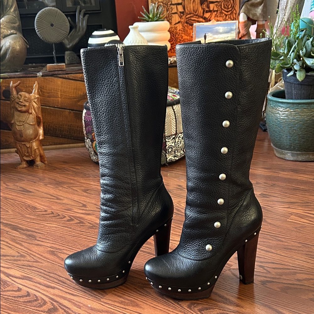 UGG Black Heeled Boots with Stud Accents